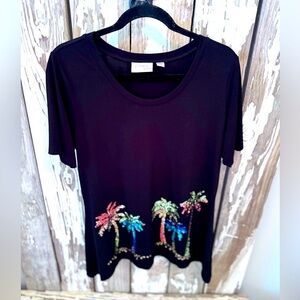 Dream Knit by Quaker Factory Palm Tree Sequin Top size  Medium Black